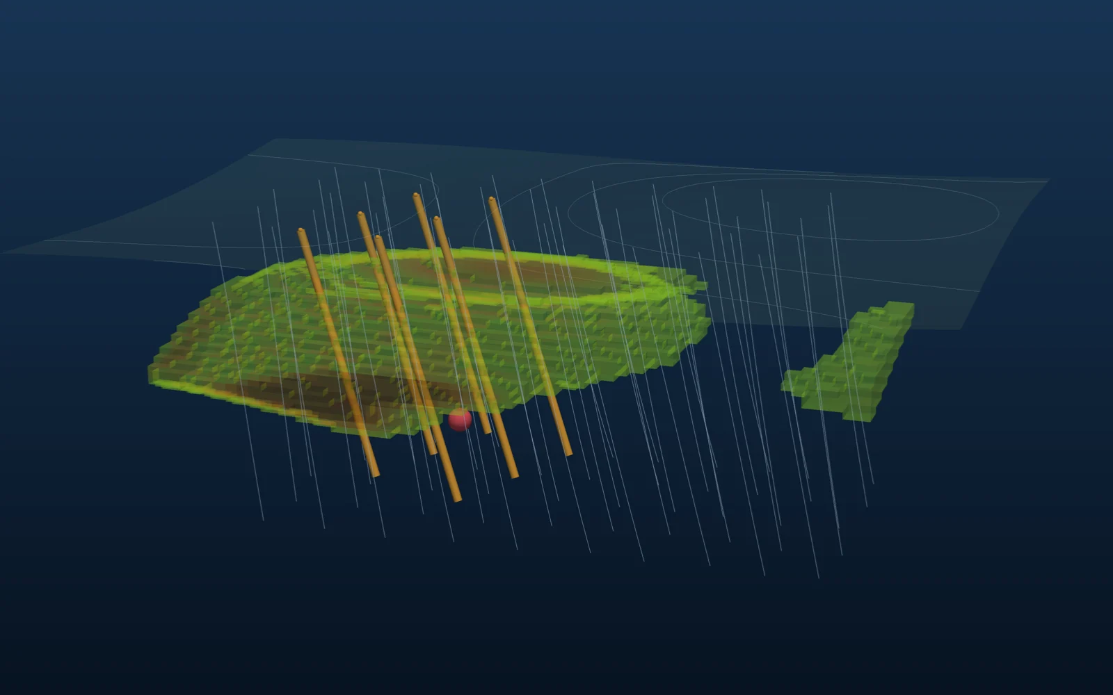 Sondajes planificados en ámbar desde la topografía hacia un target en profundidad